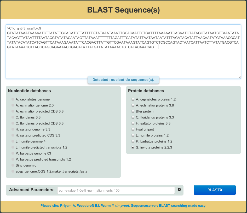 Ant genome BLAST
	server.